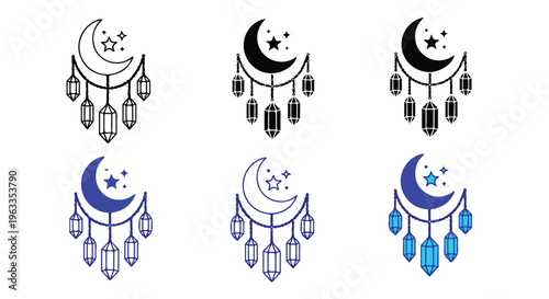 Collection of six dreamcatcher designs featuring crescent moons and dangling beads in various line art styles against a white background.
