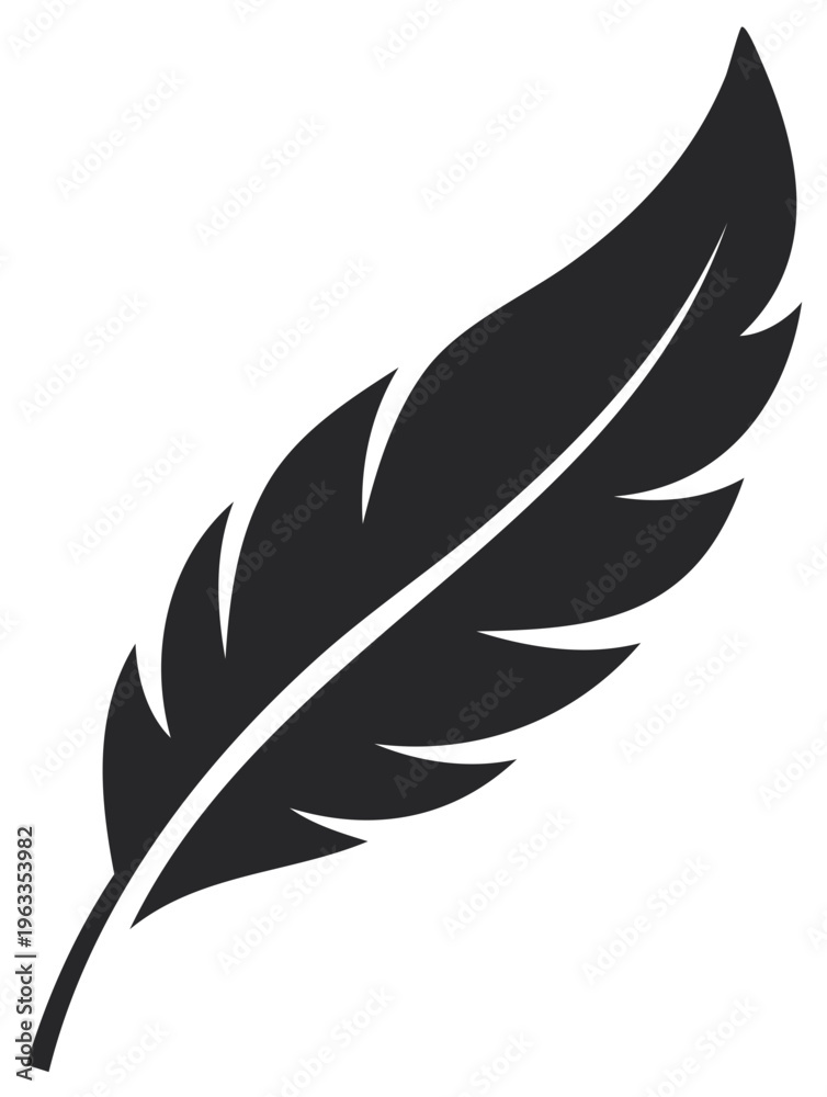 Fototapeta premium Silhouette of a single black feather isolated against a plain background in a minimalist design.