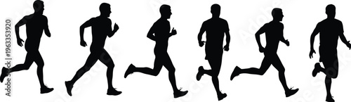 Collection of six male runner silhouettes, black vector icons of men sprinting and jogging in various dynamic poses isolated on white.