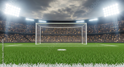 empty soccer field with goal and stadium lights