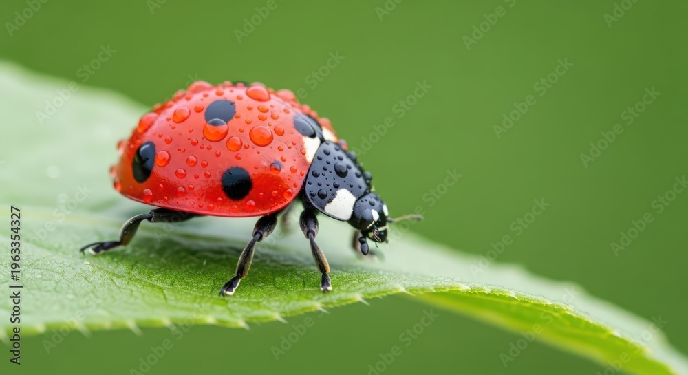 Fototapeta premium Vibrant ladybug with water droplets crawls on a lush green leaf in nature