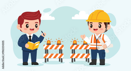 Two cartoon businessmen standing beside orange and white striped barriers on a light blue background with clouds.