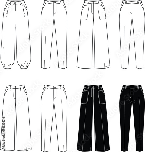 Fashion technical sketch of women trousers collection including wide leg pants and joggers flat vector illustration set for clothing design and apparel manufacturing tech packs (24 words)