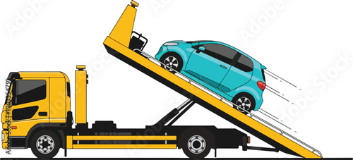 Illustration of a tow truck loading a blue car onto its flatbed.eps,Illustration of a tow truck loading a blue car onto its flatbed