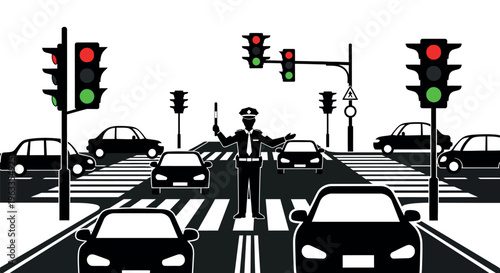 Traffic cop managing traffic flow at busy intersection with cars and traffic signals with Traffic Lights with Zebra Crossing with Traffic Control with Law Enforcement with Traffic Jam
