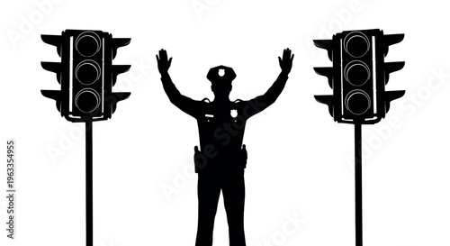 Police officer silhouette in front of traffic lights, directing traffic with hands raised, Traffic Control, Law Enforcement, Black And White