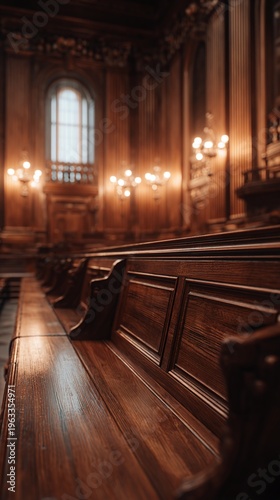 Empty church pews with wooden floor.