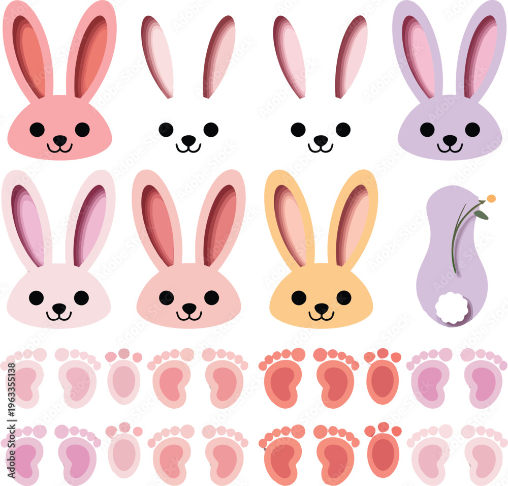 Fototapeta premium Cute cartoon bunny faces and feet illustrations in various colors on white background