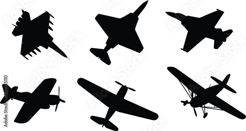 Collection of six military and vintage aircraft silhouettes, black vector icons of fighter jets and propeller planes isolated on white background.