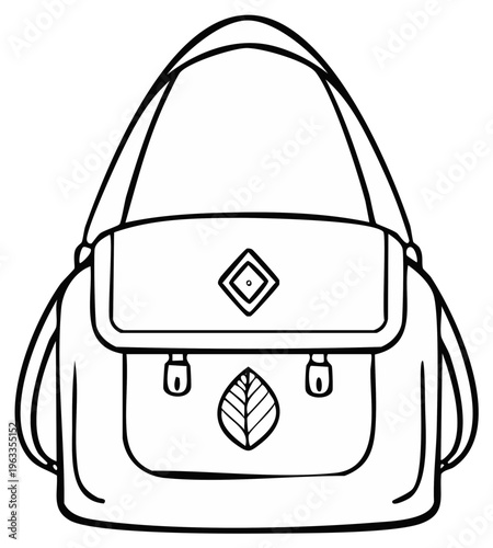 Handbag line art drawing with leaf emblem and diamond detail on flap