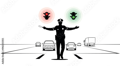 Traffic controller managing vehicle flow on a multi-lane road with cars and truck, directing traffic with red and green lights, Traffic Light