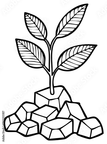 Simple Hand Drawn Outline of a Young Plant Sprouting from Stones symbolizing Growth and Resilience