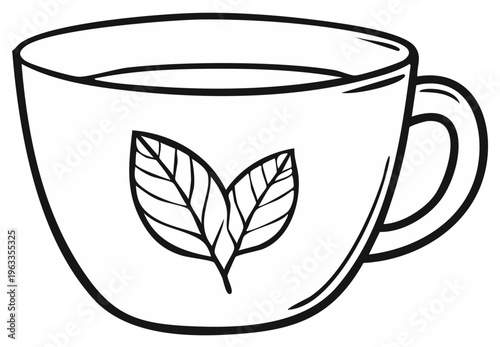 Tea Cup Illustration With Two Leaves, Outline, Black and White Beverage Illustration, Drink