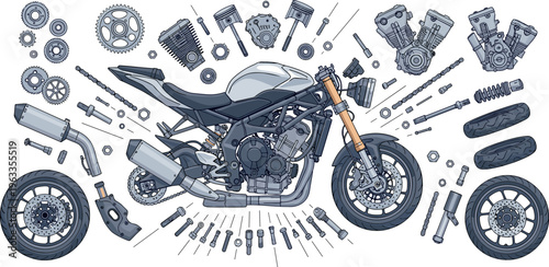 Detailed Motorcycle Parts Explosion Diagram with Engine Components Wheels Tools and Mechanical Elements for Repair Service Maintenance and Automotive Engineering Designs