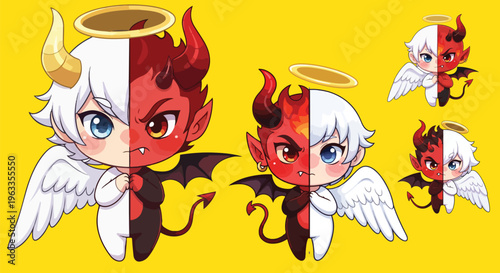 Chibi angel and devil split character vector, cute half demon half angel mascot set, good and evil duality concept art on yellow background