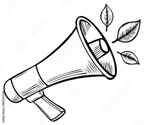 Hand drawn illustration of a megaphone emitting green leaves symbolizing environmental communication and awareness