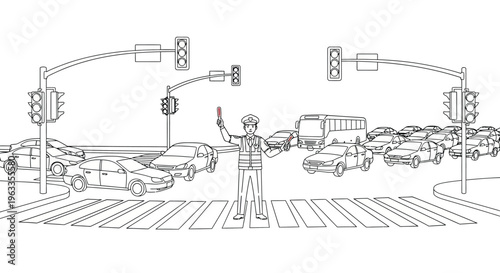 Detailed line drawing of a police officer managing heavy traffic congestion at a busy intersection with numerous cars, buses, and multiple traffic signals, Traffic Jam, Traffic Light, Traffic Control