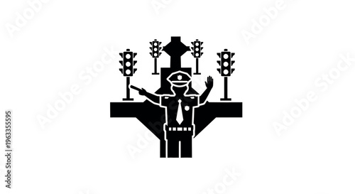 Iconic silhouette of a police officer controlling traffic at a complex intersection with multiple signals, symbolizing authority and order in transportation, Traffic Control, Traffic Light