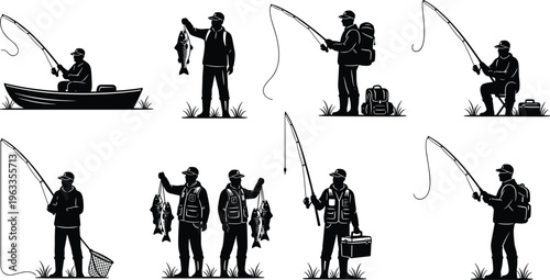 Professional fisherman silhouette collection featuring anglers with fishing rods, catching fish, sitting in boats, and wearing outdoor gear for hobby and commercial sport fishing.