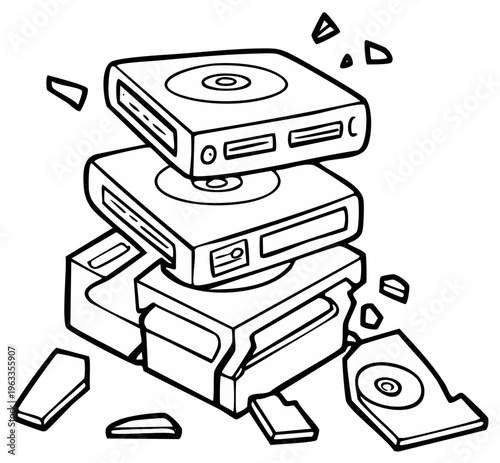 Crushed Computer Storage: Broken Hard Drives Stacked with Shards Illustration in Monochrome