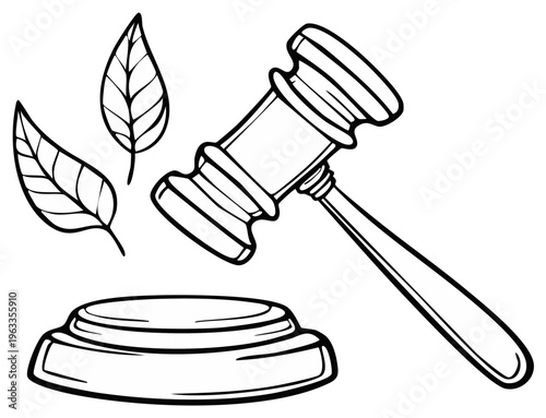 Conceptual illustration of gavel, stand, and leaves, symbolizing law and nature.
