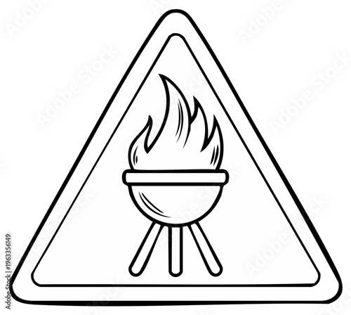 Warning sign with grill and flames, barbecue safety symbol illustration