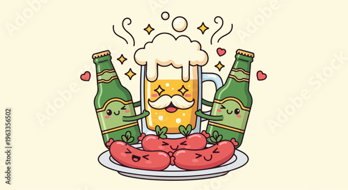 Cartoon illustration of a frothy beer mug with two green bottles and three tomatoes on a plate against a pale yellow background with a playful and appetizing mood.
