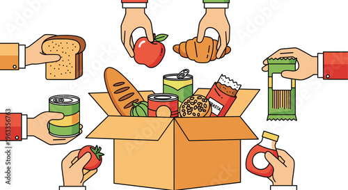 Hands placing food items into donation box, vector illustration symbolizing charity, community support, and food collection