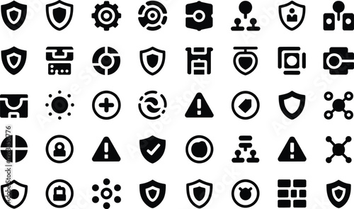 Cyber security icons set: shield, lock, network, data protection, warning signs, and drones for digital safety