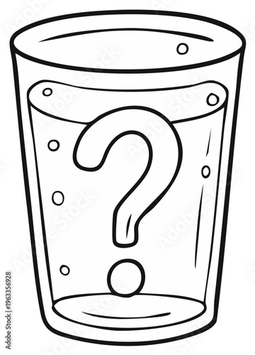 Clear glass filled with liquid and a large question mark symbol inside representing mystery