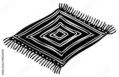 Hand drawn tribal geometric patterned rug with fringe details