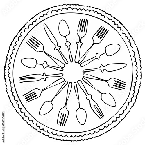 Elegant arrangement of cutlery drawing spoons forks and knives on a decorative plate for a special occasion