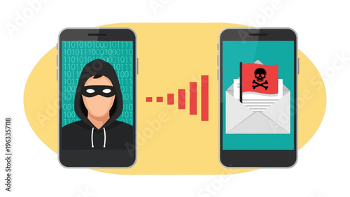 hacker sending phishing email to a mobile phone illustrating a digital cyber security threat and malware attack concept.