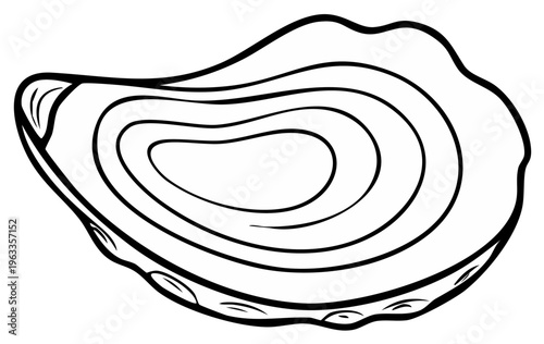 Single oyster shell illustration in black and white, outlined seafood delicacy food open clam monochrome