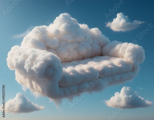 Surreal Dreamlike Concept of a Plush Sofa Formed from Soft White Cumulus Clouds Floating in a Clear Blue Sky Representing Ultimate Comfort Relaxation and Heavenly Peace