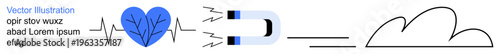 Technology, data connection, digital health, information flow, artificial intelligence, cloud computing. Blue heart with heartbeat line, magnet attracting leading to a cloud. Data connection