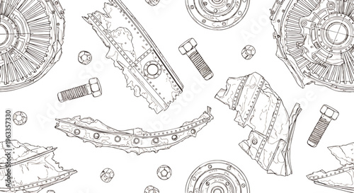 wreckage pattern of broken mechanical parts industrial debris nuts bolts and turbine fragments illustrating machine failure.