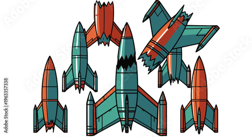 playful cartoon rocket ships and retro spacecraft illustration creatively arranged on white ideal for kids projects space exploration.