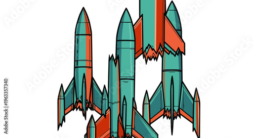 broken rockets illustration featuring colorful jagged fragments on white symbolizing technological crash and destruction.