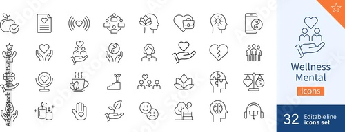 Tableau sur toile Set of 32 Wellness Mental web icons in line style