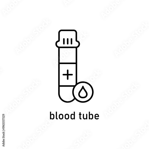 Blood tube icon with a plus symbol for medical, healthcare, laboratory, blood donation, or phlebotomyrelated designs and concepts.