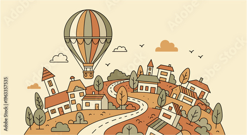 Whimsical village with hot air balloon in warm autumnal illustration for travel brochure