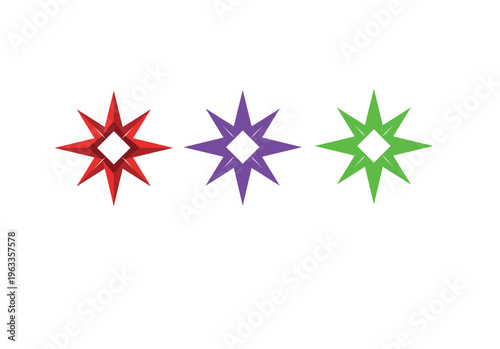 Set of three colorful eight-pointed stars with square center - red, purple, green graphic elements, star shape, graphic element