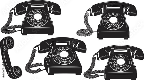 Set of vintage rotary dial telephones black silhouette collection with coiled handset cords, retro communication icons, analog classic phone set, cad drawing flat vector illustration.