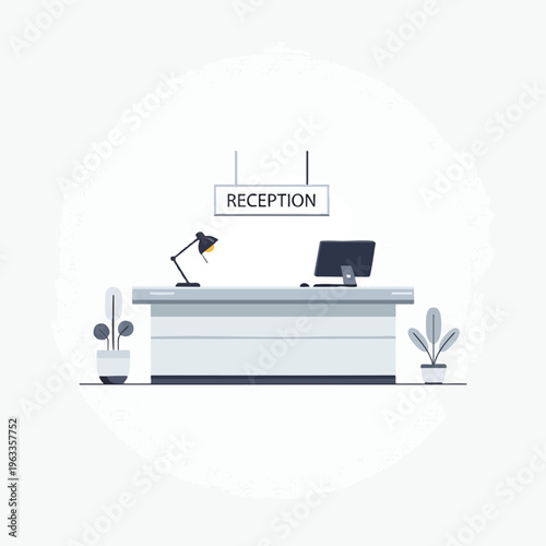 A minimalist illustration of a reception desk with a computer, lamp, and plants