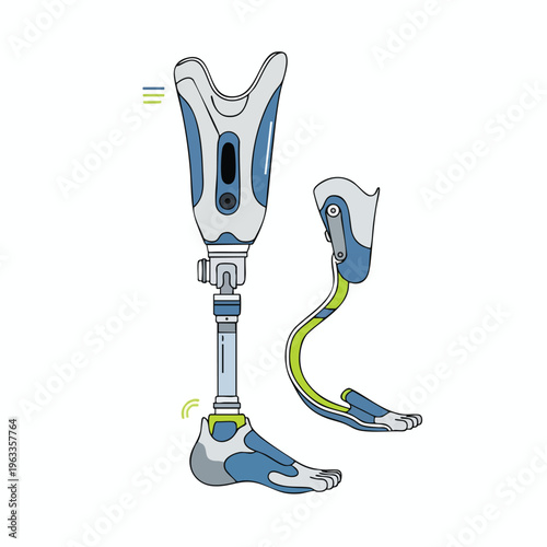 Stylized illustration of two prosthetic legs, one full and one partial, on a white background