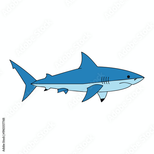 A simplistic blue cartoon shark swims to the right with fins and a tail