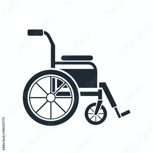 Simple dark silhouette of a manual wheelchair with large rear and small front wheels
