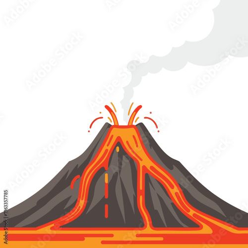 Cartoon volcano erupting with lava flows and smoke