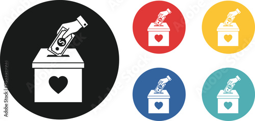 Donation and charity icon set with hand placing dollar bill into heart box, colorful vector artwork